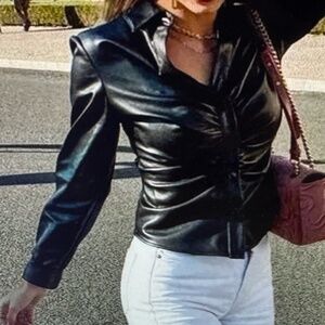 ZARA FAUX LEATHER RUCHED SHIRT
